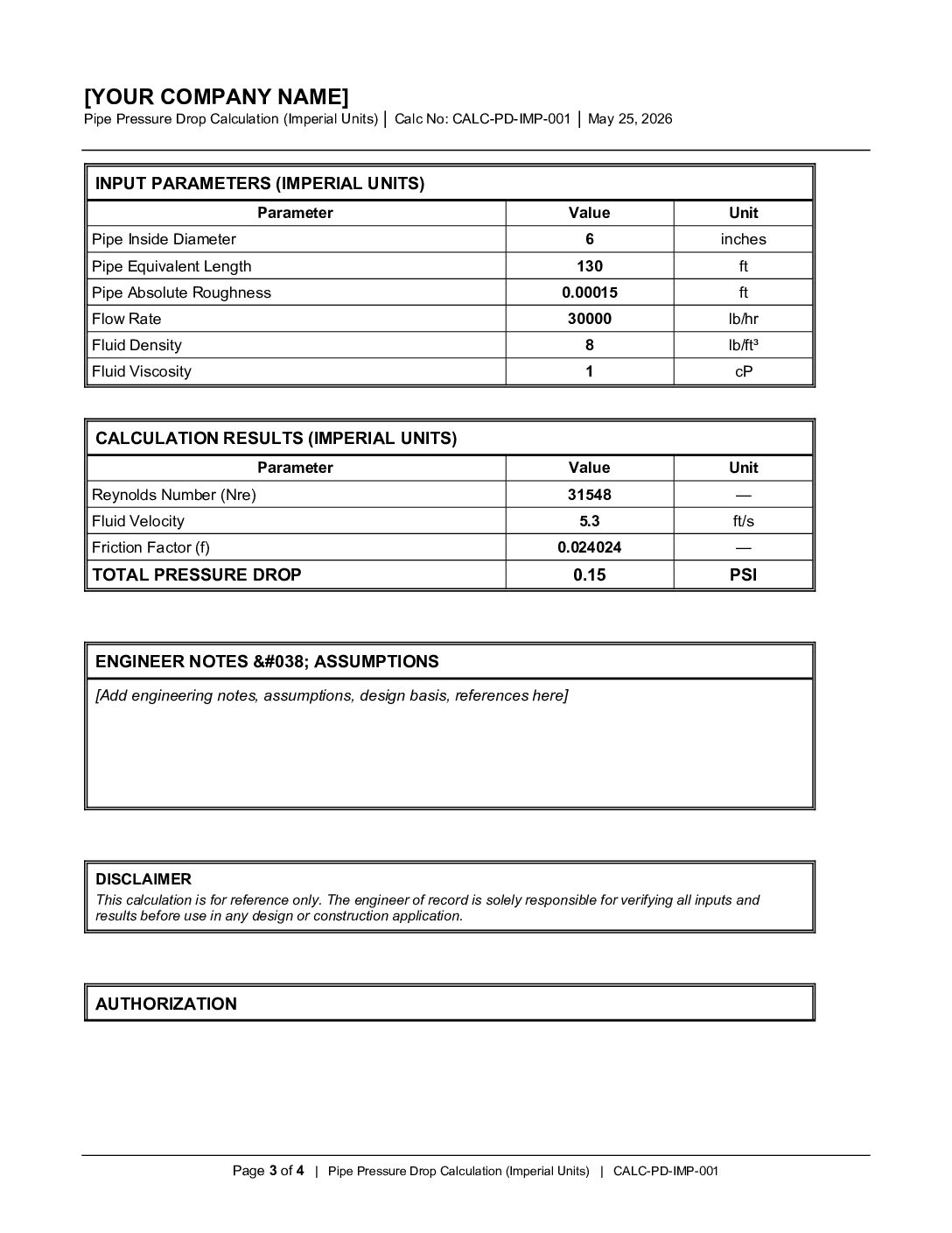 Pipe Pressure Drop Calculator — Editable Word Report (Imperial Units)